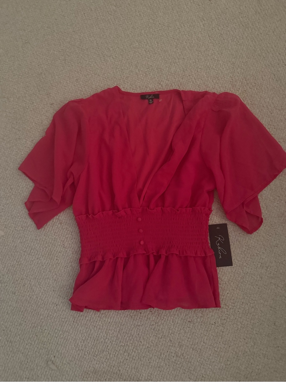 Ruche Fuchsia Smocked-Waist Flutter Sleeve Blouse